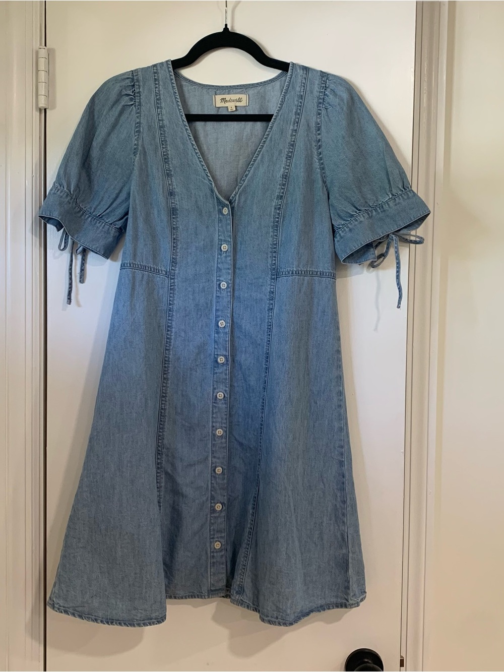 Madewell Button Front V Neck Denim Mini Dress Tie Sleeves Size 6 - Picture 2 of 10
